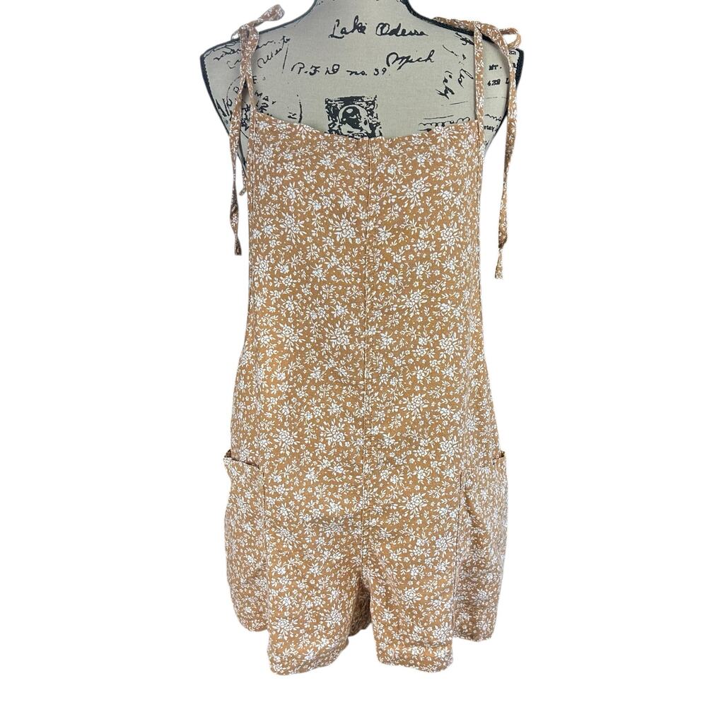 Vanilla Star Floral Romper XL Tan White  Linen Blend Boho Coastal Open Overall